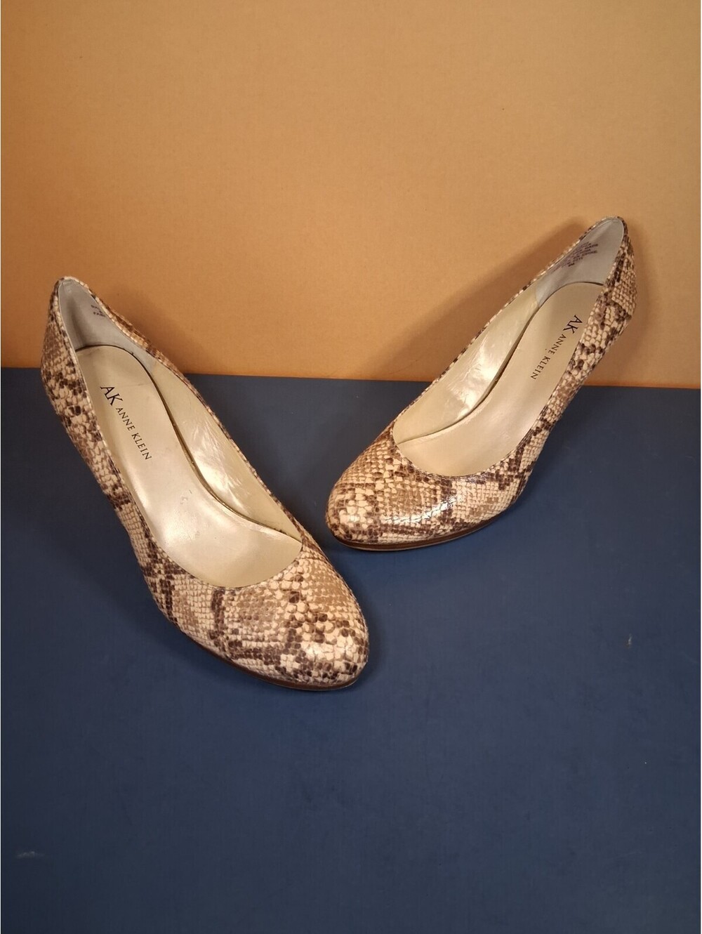 Anne Klein Woman's 8M Beige Snakeskin-Patterned 3.5" Heel, Pointed-Toe Pumps
